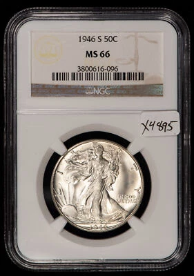 1946-S 50c Walking Liberty Silver Half Dollar - PQ Blazer- NGC MS 66 - SKU-X4895 - Image 1 of 4