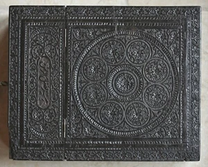 Antique Indian Nagina Carved Ebony Dressing Toiletry Box with Inlaid Mirror - Picture 1 of 12