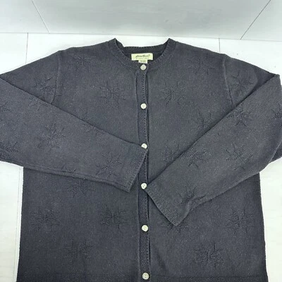 Eddie Bauer Woman’s Knit Wool Blend Cardigan Holiday Sweater Blck Snowflakes L/G - Image 1 of 4
