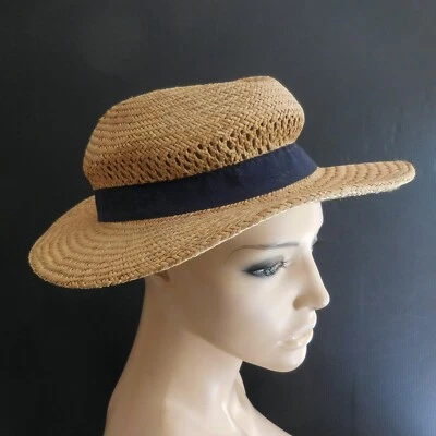 Yellow Blue Straw Hat Handmade Vintage Style 1950 For Women Men France N6349 - Image 1 of 4