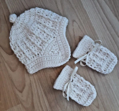 Cable unisex hecho a mano de ganchillo para bebé + auriculares sombrero y guantes varios colores Foto 1 de 2