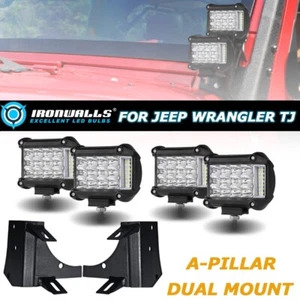 4" LED Work Light Bar Combo Pods w/ A-Pillar Mount Brackets for Jeep Wrangler TJ - Picture 1 of 12