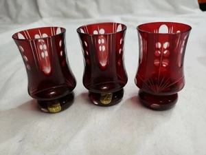 VINTAGE BOHEMIA HANDMADE SET OF 3 RUBY RED CRYSTAL GLASSES PROCOMPLEX 621 - Picture 1 of 9
