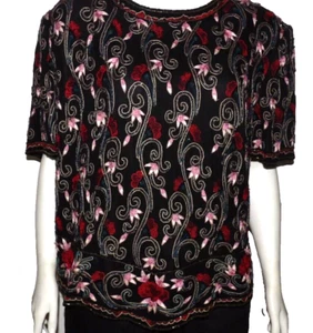 Papell Boutique Abend 100 % Seide Perlen Top schwarz rosa rot Größe 2X Mutter Braut - Bild 1 von 15