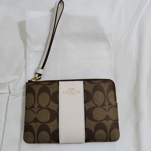 NUOVO Coach Portafoglio da Polso con Zip Angolare in Pelle PVC Firma Logo Cachi + Gesso