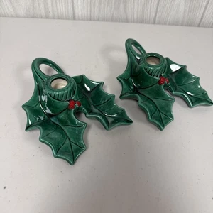 2 VTG 60s Holland Mold Holly Leaf Red Berries Taper Candle Holder Christmas - Picture 1 of 16