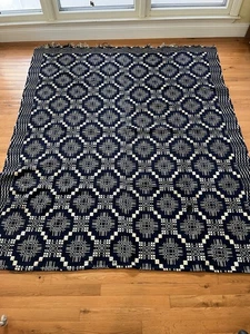 Vintage Baumwolle & Wolle Geometrisches Muster Marine Elfenbein Decke Tagesdecke - Bild 1 von 15