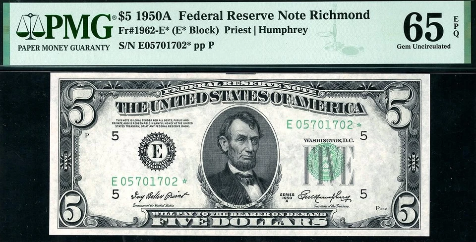 1950A* $5 Richmond STAR Federal Reserve Note FRN • Fr.1962-E* • PMG 65 EPQ - Image 1 of 2