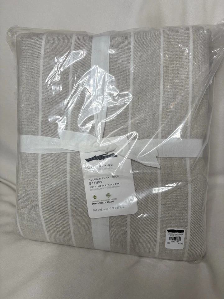 Funda nórdica a rayas de lino belga de granero de cerámica - King/Cal King - lino/tostado Foto 1 de 4