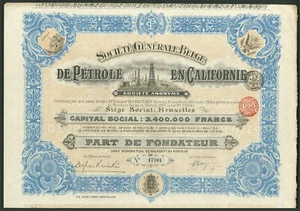 USA: Soc. Gen. Belge de Pétrole en Californie, Gründeraktie, 1912 - Bild 1 von 1