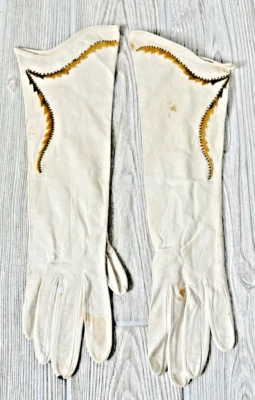 Luvas femininas vintage de couro ópera bordado creme 13" sobre pulso tamanho 6.5 - Imagem 1 de 4