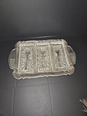 Vintage 1987 Oneida Silverplate Chippendale Relish Tray 3 Glass Liners And Forks - Image 1 of 4