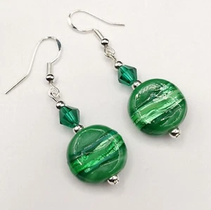 Green Forest Glass Round Earrings Dangle Stripe Lampwork 925 Hooks Christmas - Picture 1 of 12