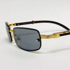Rimless Sunglasses Rectangle Gold Accents Wood Arms Mens Fashion Dark Black Lens - Picture 1 of 7