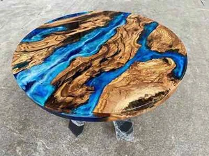 Handmade Blue Epoxy Resin River Coffee Table | Live Edge Wood | Modern table - Picture 1 of 17