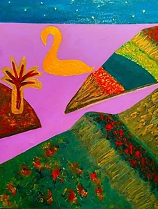 PAINTING,'MAUVE WATERS... AND A SWAN', ACRYLIC PAINT, CANVAS, FREE SHIPPING - Picture 1 of 5