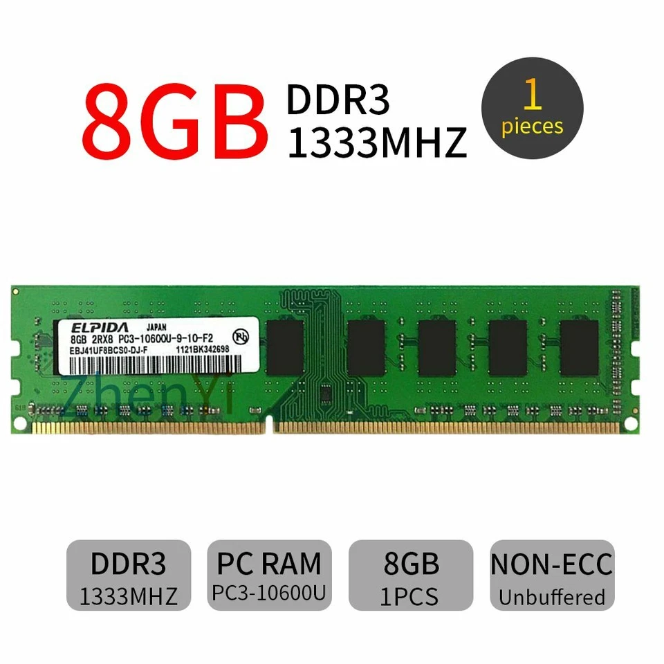 8GB 4GB DDR3 1333Mhz PC3-10600 2Rx8 240Pin DIMM Desktop Memory RAM Elpida LOT BT - Image 1 of 4