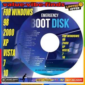 Windows Emergency Boot Disk - For Windows 98, 2000, XP, Vista, 7, 10 PC Repair D - Afbeelding 1 van 2