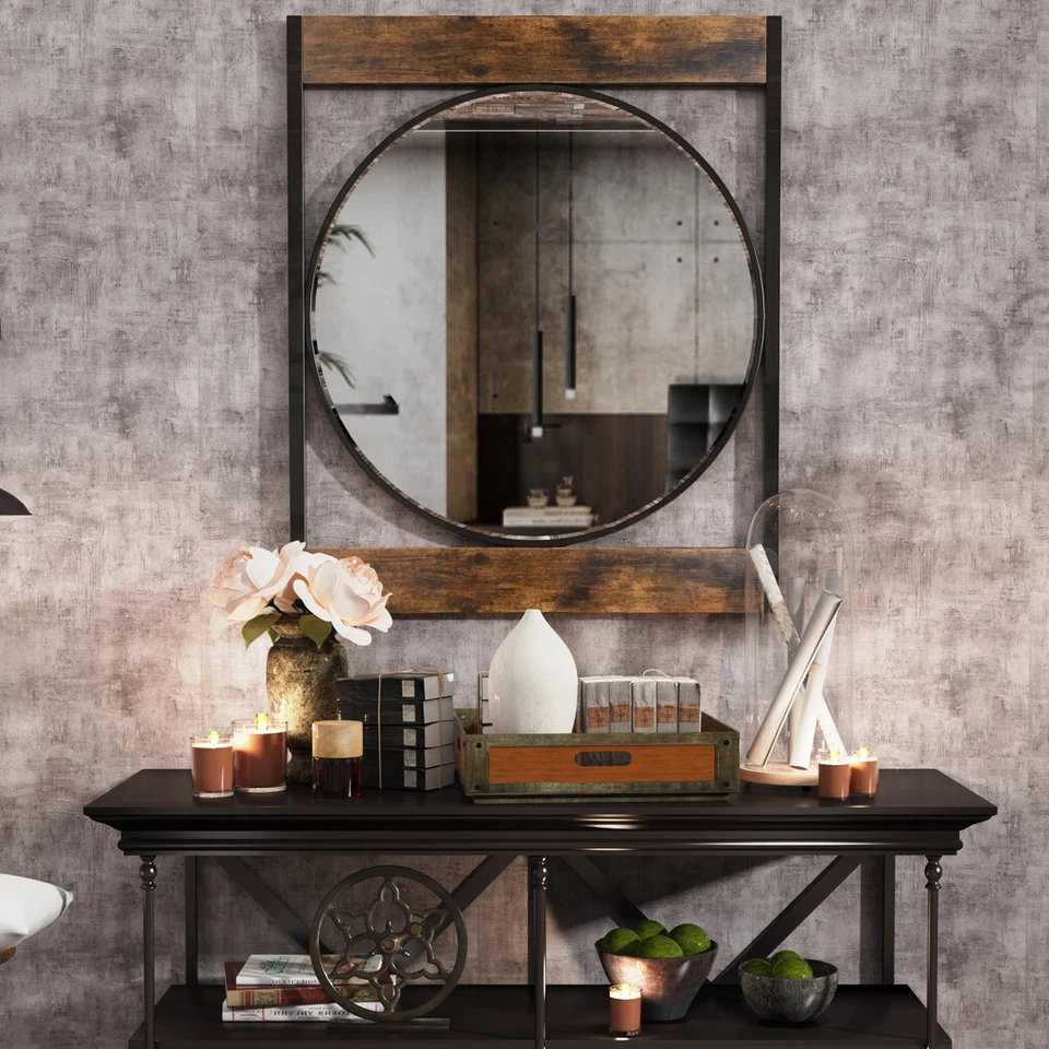 Farmhouse Wooden＆Metal Wall Mirror Dampproof Bathroom Mirror Entrance Mirror - Image 1 of 4
