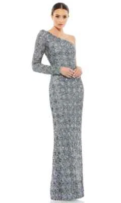 Vestido de noite Mac Duggal ardósia azul cinza lantejoulas frisadas um ombro tamanho 10 $798 - Imagem 1 de 3