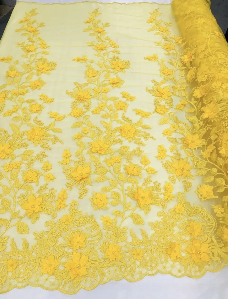 Diseño floral amarillo 3D bordado con perlas en una tela de encaje de malla, por yarda Foto 1 de 1