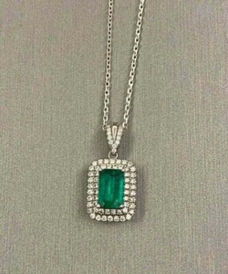 2.00CT Emerald & Diamond Halo Pendant Necklace 14K White Gold Plated Lab Created - Picture 1 of 4