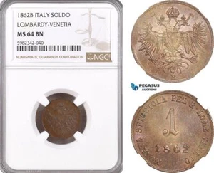 A5/540 Italy, Lombardy Venetia, Franz Joseph of Austria 1 Soldo 1862 B, NGC MS64 - Picture 1 of 1