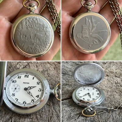 vintage pocket watch MAN MOLNIJA hunting style Deer Roe mechanical USSR workers - Image 1 of 4
