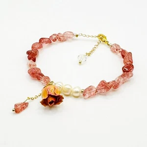 Pink Strawberry Quartz Chip Bead Bracelet Adjustable Chain Rose Floral Crystal - Picture 1 of 8
