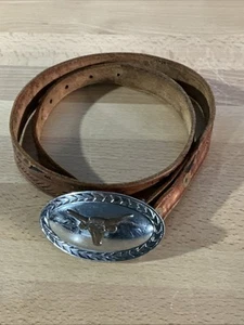 Vintage Texas Longhorn Women’s Oval Belt Buckle Two Tone w Embossed Leather Belt - Picture 1 of 14
