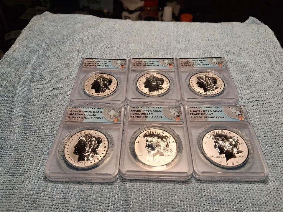 Juego de 6 monedas Morgan & Peace Dollar 2022 Anacs RV PF 70 First Strike Foto 1 de 4