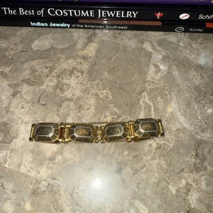 Rare Vintage Spanish Toledo Bracelet - Gold with Damascus Black Enamel Vtg - Picture 1 of 8
