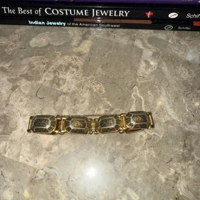 Rare Vintage Spanish Toledo Bracelet - Gold with Damascus Black Enamel Vtg - Image 1 of 4