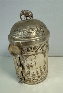 Brass Ware Tea Container With Spoon Elephant Carving Kitchen Décor From Ceylon - Picture 1 of 21