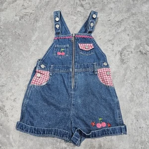 Vintage Rachel's Kids Embroidered Cherries Plaid Accent Denim Shortalls Size 6 - Picture 1 of 10