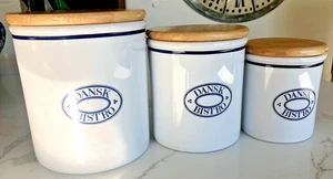 Vintage Dansk Bistro Logo blau weiß 3 Küchen Kanister Set versiegelte Holzdeckel - Bild 1 von 7