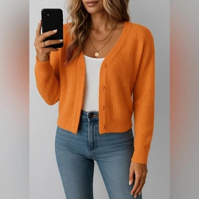 Alice + Olivia Vibrant Fuzzy Orange Cardigan - Image 1 of 3