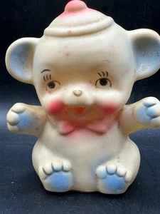 VTG RARE 1960s Rubber Squeaky Toy Bear Cupcake Swirl Head Pink Bow Blue Accents - Picture 1 of 5