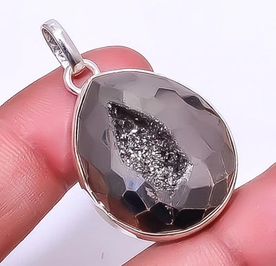 Titanium Carbon Agate Drusy 925 Sterling Silver Pendant 1.56" P7311-36 - Image 1 of 4