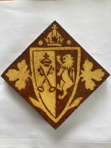 Antique Heraldic 4.1" Rare Floor Tile By Craven Dunnill Lion and Cross Keys Cover