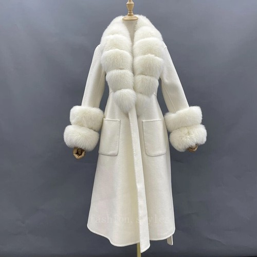 OFF WHITE Cappotto donna lana con collo vera pelliccia polsino cashmere lungo invernale giacca outwear