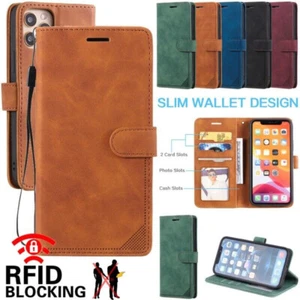For iPhone 15 Plus 14 13 12 11 Pro Max Case Wallet RFID Block Leather Flip Cover - Picture 1 of 75