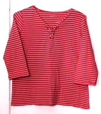 STUDIO WORKS TEE SHIRT ladies size L melon pink white stripe lace up detail - Изображение 1 из 4