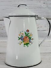 Cinsa Enamelware Coffee Pot Pitcher White W/Black Trim & Colorful Flowers