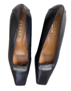 VTG Gucci Black Leather Square Toe Kitten Heels Size 35 1/2 C Imperfect - Picture 1 of 8