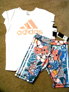 NWT Adidas s/s Scoop Tee & AOP Biker Shorts Girl's L 14 AEROREADY ~ Clear Sky ~ - Picture 1 of 2