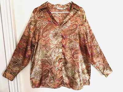 Женская блузка Susan Graver 1X Plus оранжевый зеленый пейсли на пуговицах с длинным рукавом - Изображение 1 из 4
