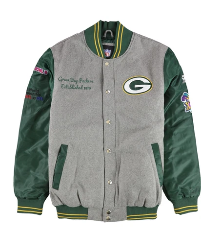 G-III Sports Mens Green Bay Packers Varsity Jacket, Grey, Large Cover