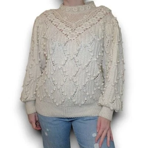 Suéter Vintage Cottagecore Cuello Simulado Mezcla de Lana Pom Pom - Imagen 1 de 9