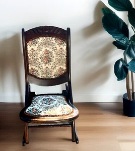 VINTAGE/ANTIQUE FOLDING WOODEN ROCKING CHAIR CARVED FLORAL TAPESTRY DESIGN (LRG) - Picture 1 of 9